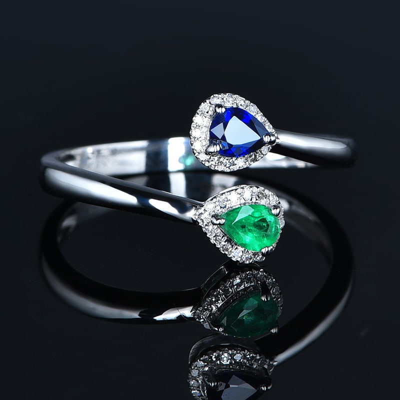 14k Gold 0.30 Ctw Natural Sapphire & Emerald & Diamond & Toi Et Moi Ring - 6