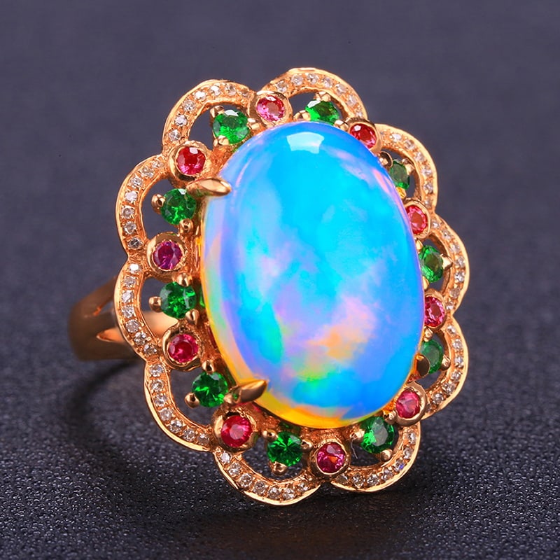 14k Gold 7.83 Ctw Natural Opal & Diamond Ring - 2