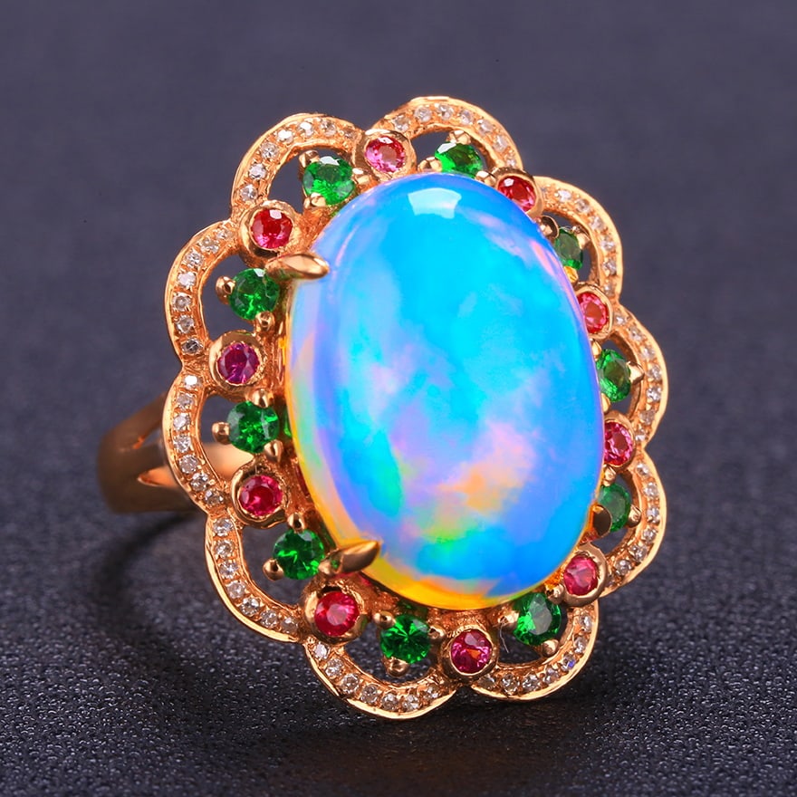 14k Gold 7.83 Ctw Natural Opal & Diamond Ring - 4
