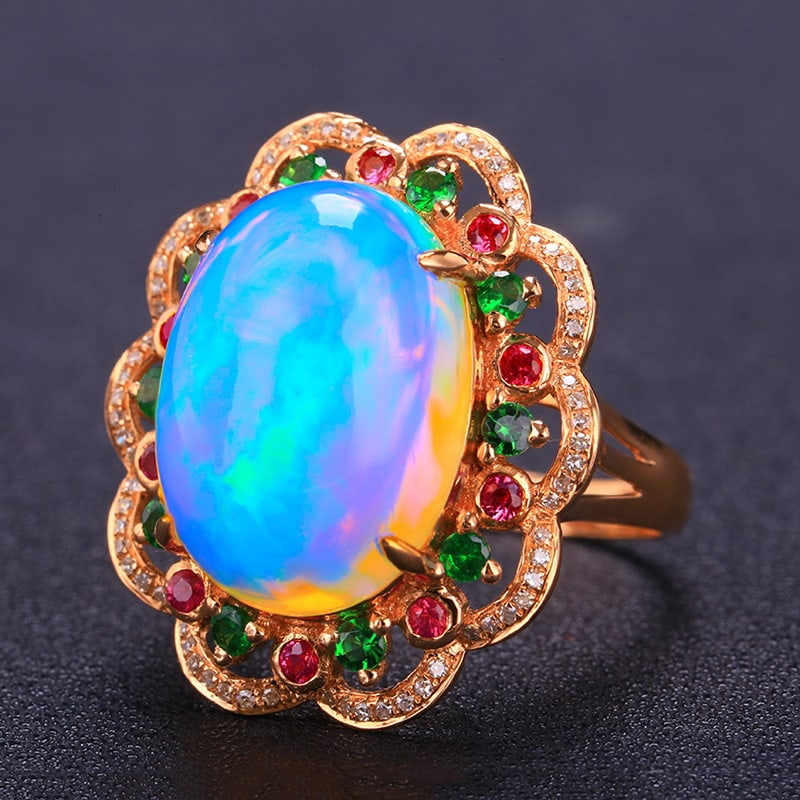 14k Gold 7.83 Ctw Natural Opal & Diamond Ring - 5