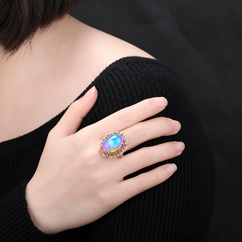 14k Gold 7.83 Ctw Natural Opal & Diamond Ring - 6