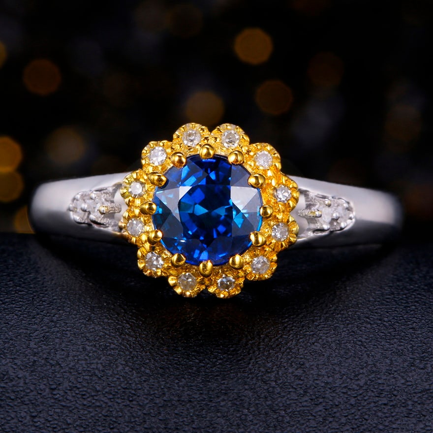 14k Gold 1.27 Ctw Natural Sapphire & Diamond Ring: Ref:230939107 // gold content:14k gold // ring size:7. 25us // // main gemstone:sapphire // shape:round // carat weight:1. 19ct // color:blue // treatment:natural // cut grade:g // // adjacent