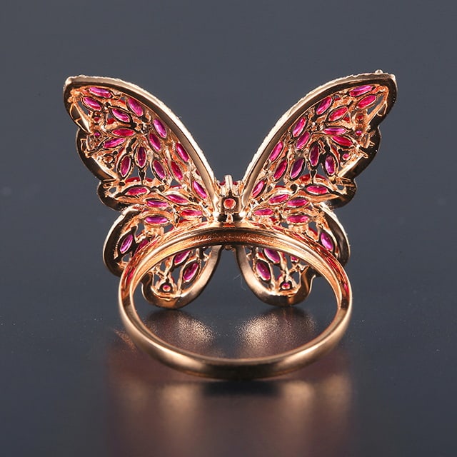 14k Gold 3.00 Ctw Natural Ruby & Diamond & Butterfly Ring - 2