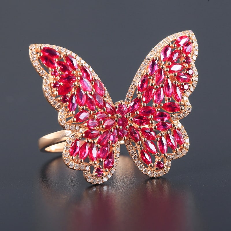 14k Gold 3.00 Ctw Natural Ruby & Diamond & Butterfly Ring - 4