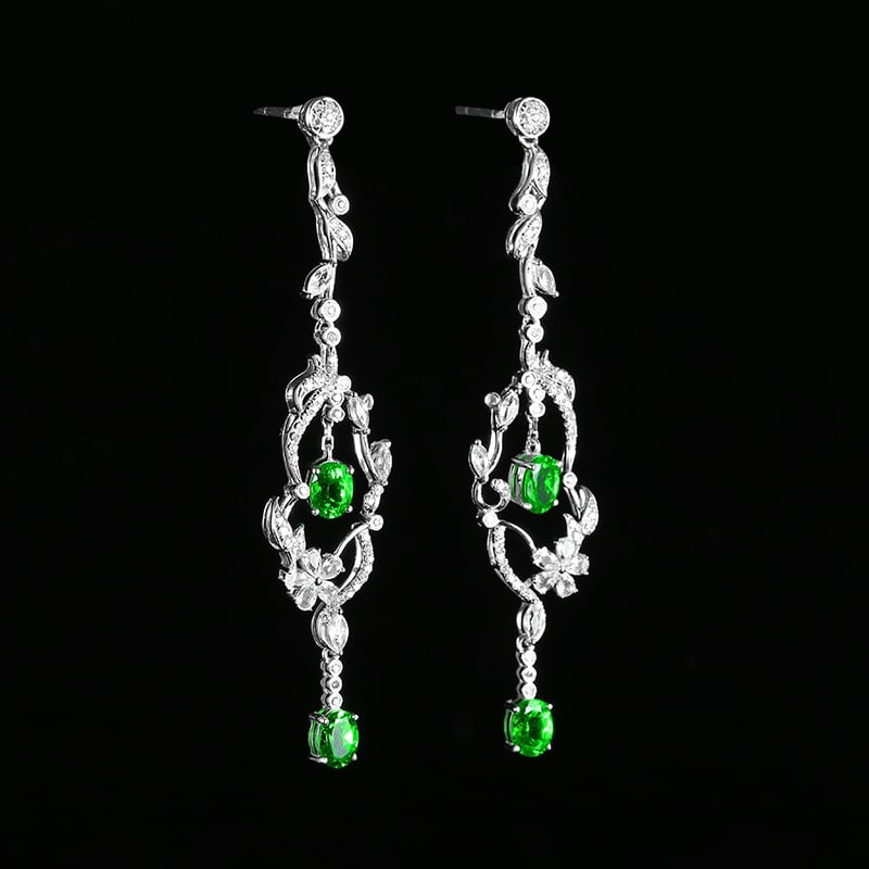 14k Gold 1.93 Ctw Vivid Green Natural Tsavorite & Diamond Earrings - 3