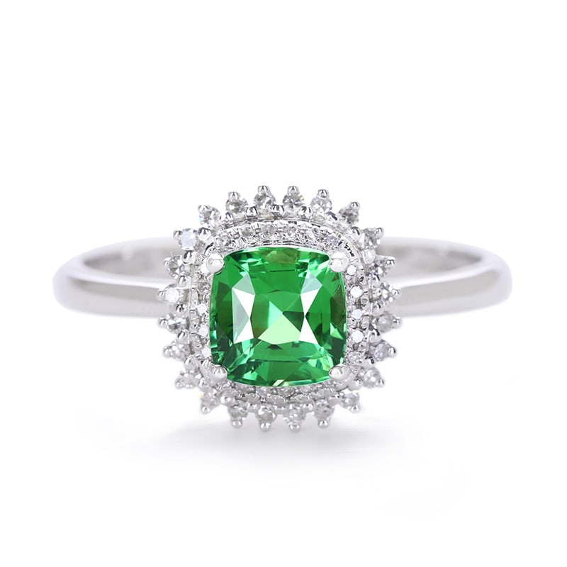14k Gold 1 Ct Natural Tsavorite & Diamond Ring: Ref:230939129 // gold content:14k gold // ring size:7. 25us // // main gemstone:tsavorite // shape:cushion // carat weight:1ct // color:green // treatment:natural // // adjacent gemstone 2 : diamond /