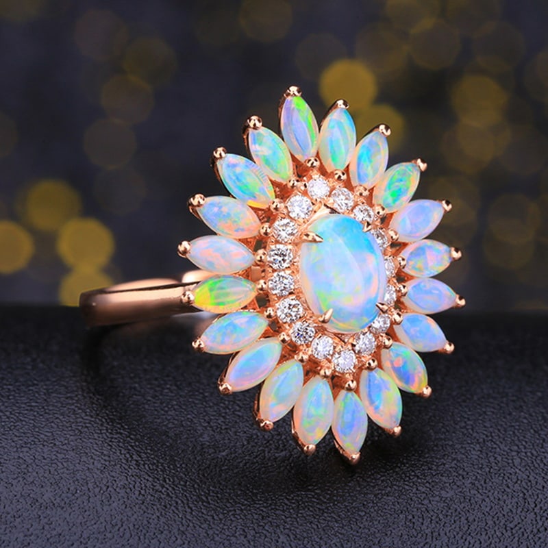 14k Gold 1.59 Ctw Natural Opal & Diamond Ring - 3