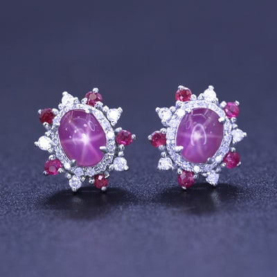 14k Gold 2.08 Ctw Natural Star Sapphire & Diamond Earrings - 3