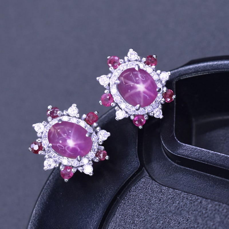 14k Gold 2.08 Ctw Natural Star Sapphire & Diamond Earrings - 4