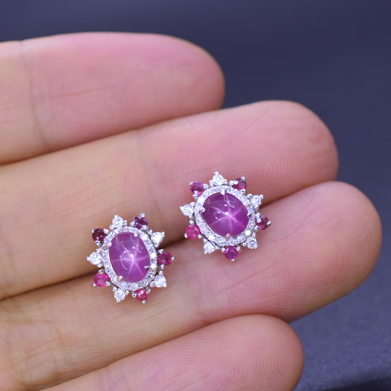 14k Gold 2.08 Ctw Natural Star Sapphire & Diamond Earrings - 5