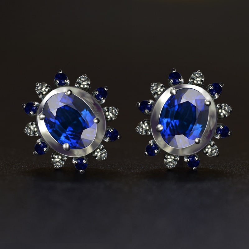 14k Gold 2.33 Ctw Natural Sapphire & Sapphire Earrings: Ref:230939163 // gold content:14k gold // main gemstone:sapphire // shape:oval // carat weight:2. 11ct // color:blue // treatment:natural // // adjacent gemstone 2 : sapphire // shape:round //