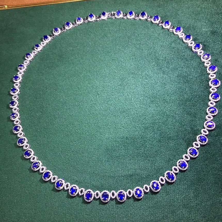 14k Gold 9.6 Ctw Vivid Blue Natural Sapphire & Diamond Necklace - 3