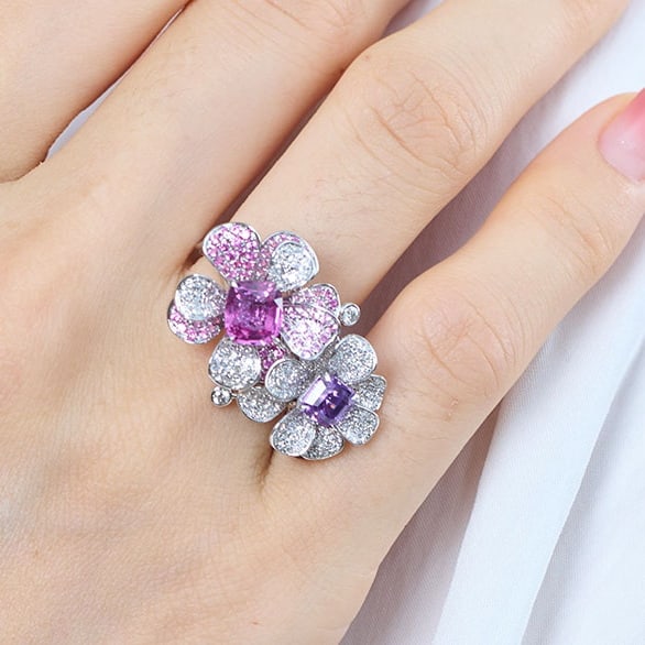 14k Gold 2.99 Ctw Natural Sapphire & Diamond & Flowers Ring/brooch/pendant( Without Chain ) - 2