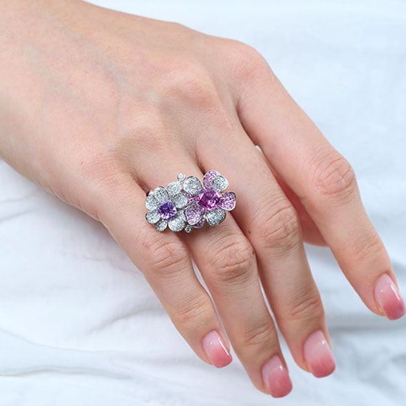 14k Gold 2.99 Ctw Natural Sapphire & Diamond & Flowers Ring/brooch/pendant( Without Chain ) - 4