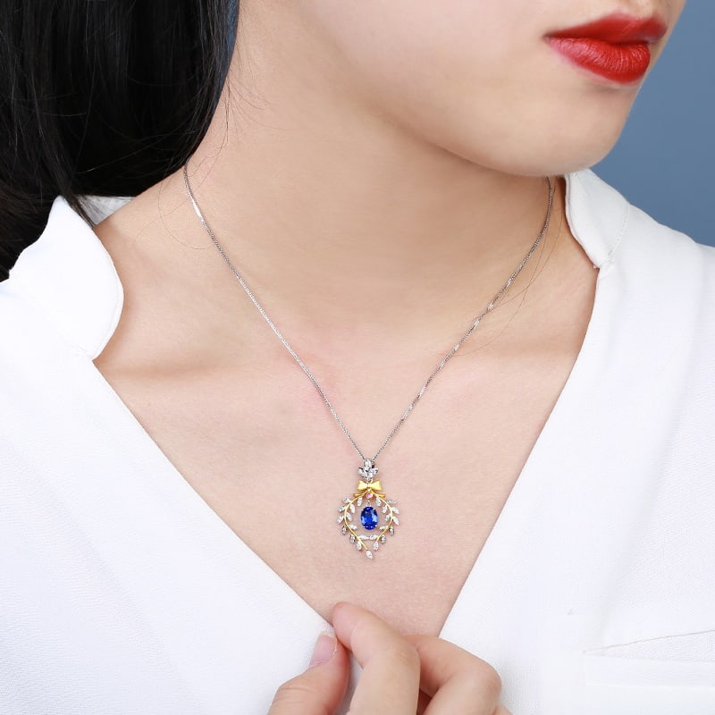 14k Gold 1.61 Ctw Natural Sapphire & Diamond Pendant( Without Chain ) - 2