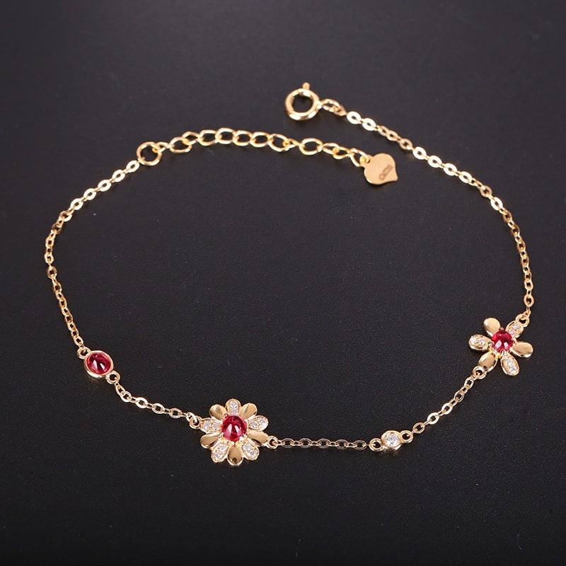 14k Gold 0.69 Ctw Natural Spinel & Diamond & Flowers Bracelet - 3