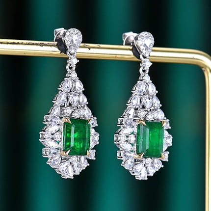 14k Gold 4.46 Ctw Vivid Green Natural Emerald & Diamond Earrings - 6