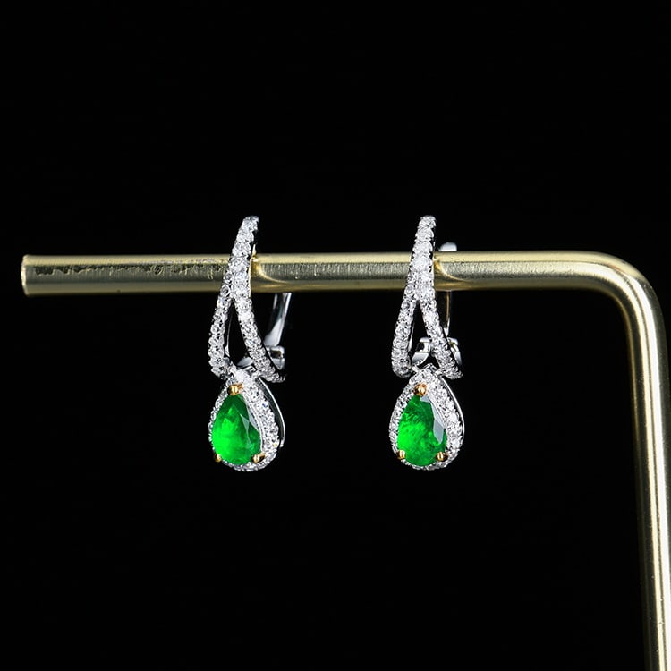14k Gold 1.12 Ctw Vivid Green Natural Emerald & Diamond Earrings - 3