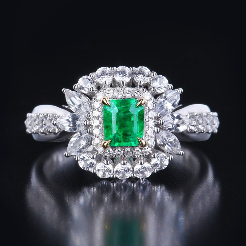 14k Gold 0.66 Ctw Vivid Green Natural Emerald & Diamond Ring: Ref:230939200 // gold content:14k gold // ring size:7. 25us // // main gemstone:emerald // shape:octagonal // carat weight:0. 57ct // color:vivid green // treatment:natural // // adjacent gemstone