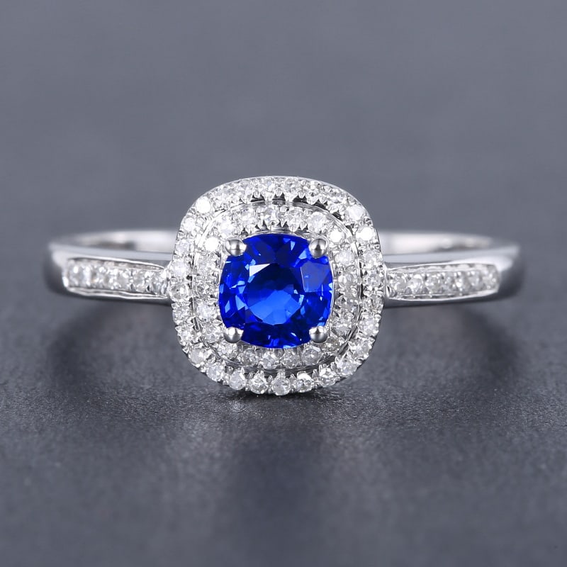 14k Gold 0.74 Ctw Natural Sapphire & Diamond Ring: Ref:230939242 // gold content:14k gold // ring size:7. 25us // // main gemstone:sapphire // shape:cushion // carat weight:0. 55ct // color:blue // treatment:natural // // adjacent gemstone 2 :