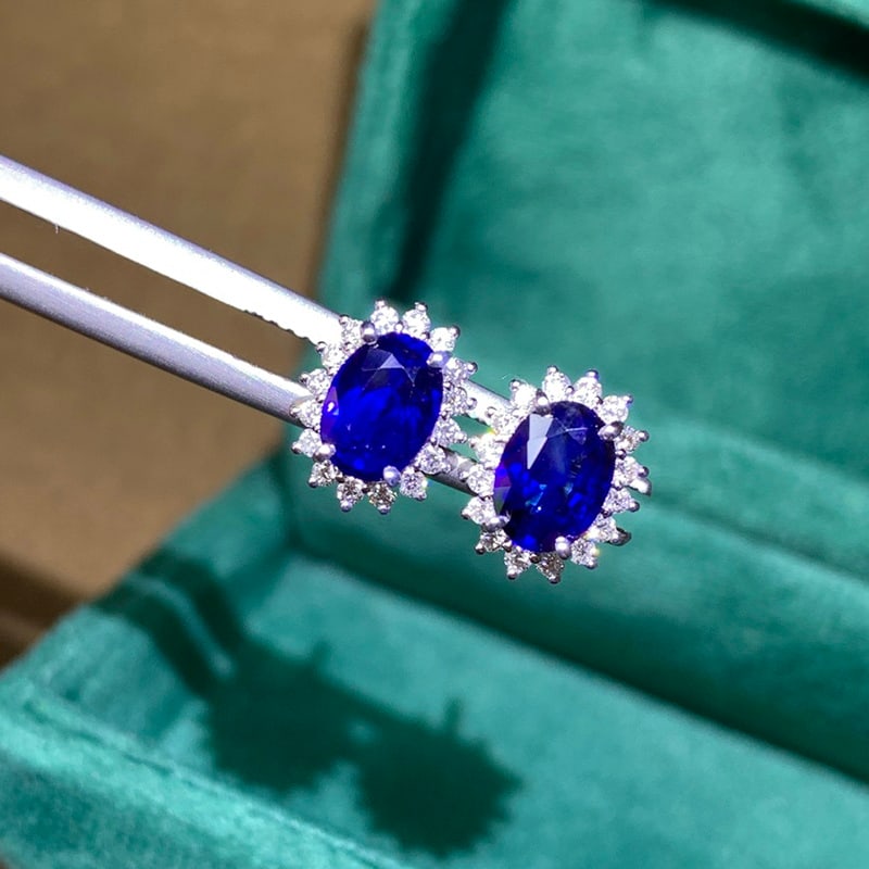 14k Gold 2.11 Ctw Vivid Blue Natural Sapphire & Diamond Earrings - 2