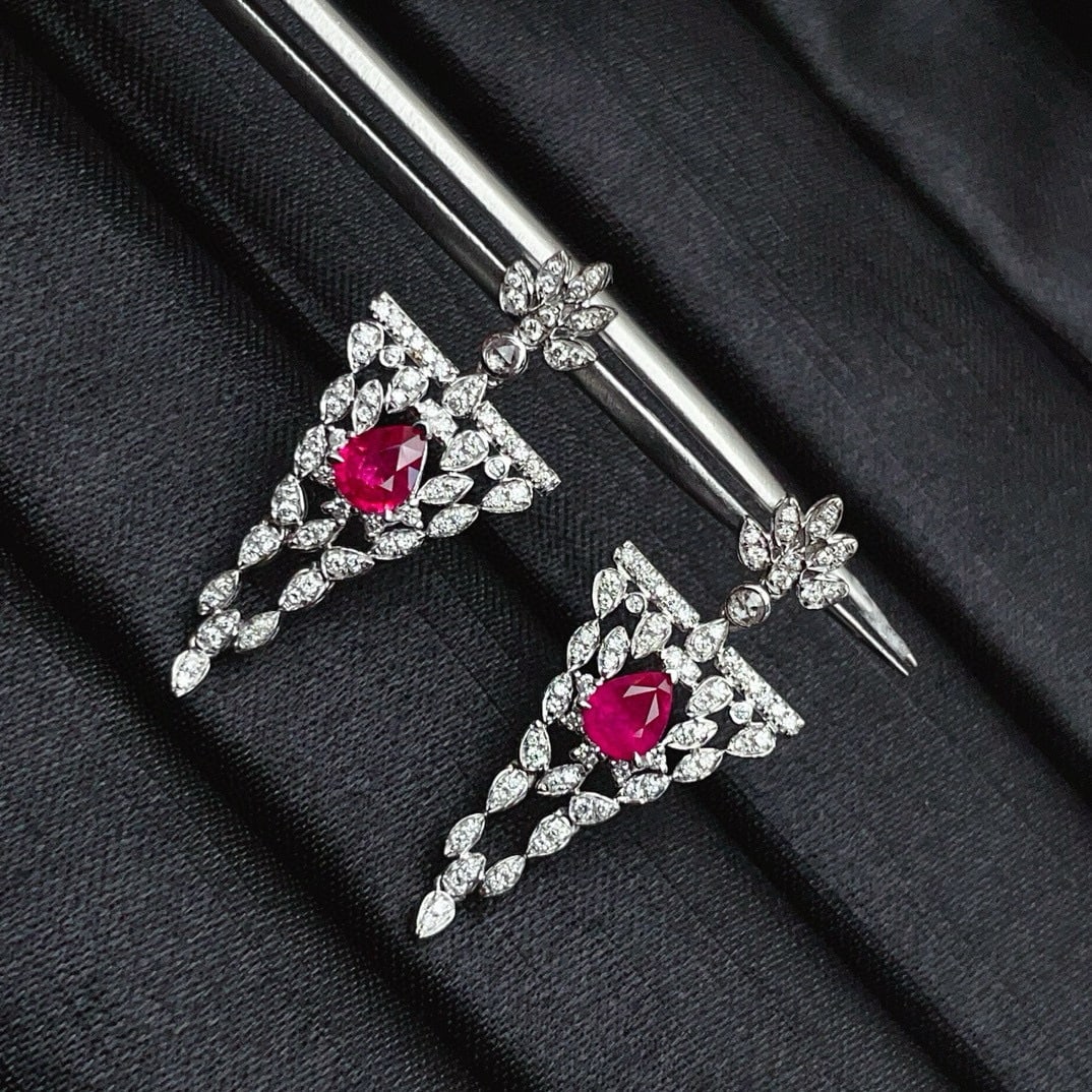 14k Gold 1.32 Ct Natural Ruby & Diamond & Sapphire Earrings - 3