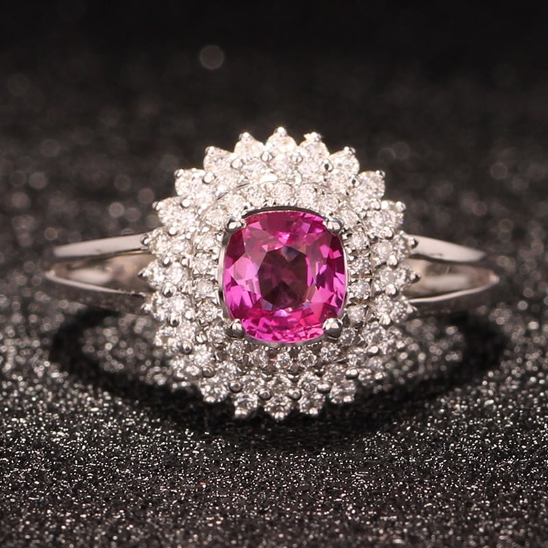 14k Gold 1.08 Ctw Natural Sapphire & Diamond Ring: Ref:230940040 // gold content:14k gold // ring size:7. 25us // // main gemstone:sapphire // shape:cushion // carat weight:0. 84ct // color:pink // treatment:natural // // adjacent gemstone 2 : diamond