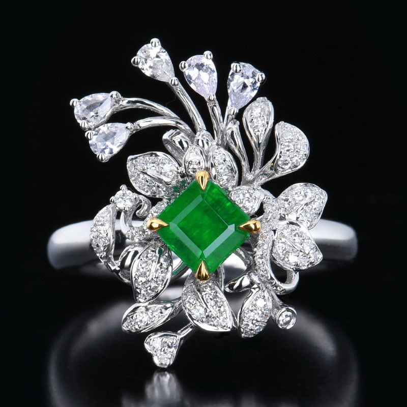 14k Gold 0.95 Ctw Vivid Green Natural Emerald & Diamond Ring: Ref:230940059 // gold content:14k gold // ring size:7. 25us // // main gemstone:emerald // shape:octagonal // carat weight:0. 72ct // color:vivid green // treatment:natural // // adjacent gemstone 2 :