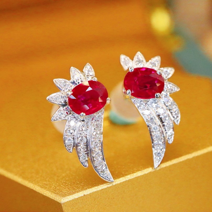 14k Gold 0.75 Ctw Natural Ruby & Diamond Earrings - 2