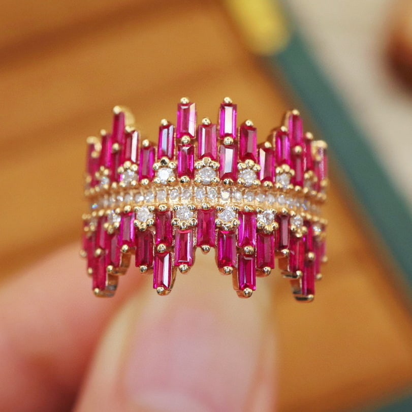 14k Gold 1.55 Ctw Natural Ruby & Diamond Ring: Ref:230940064 // gold content:14k gold // ring size:7. 25us // // main gemstone:ruby // shape:rectangle // carat weight:1. 3ct // color:red // treatment:natural // // adjacent gemstone 2 : diamond