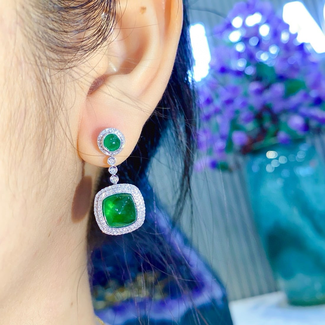 14k Gold 6.59 Ctw Vivid Green Natural Emerald & Diamond Earrings - 3