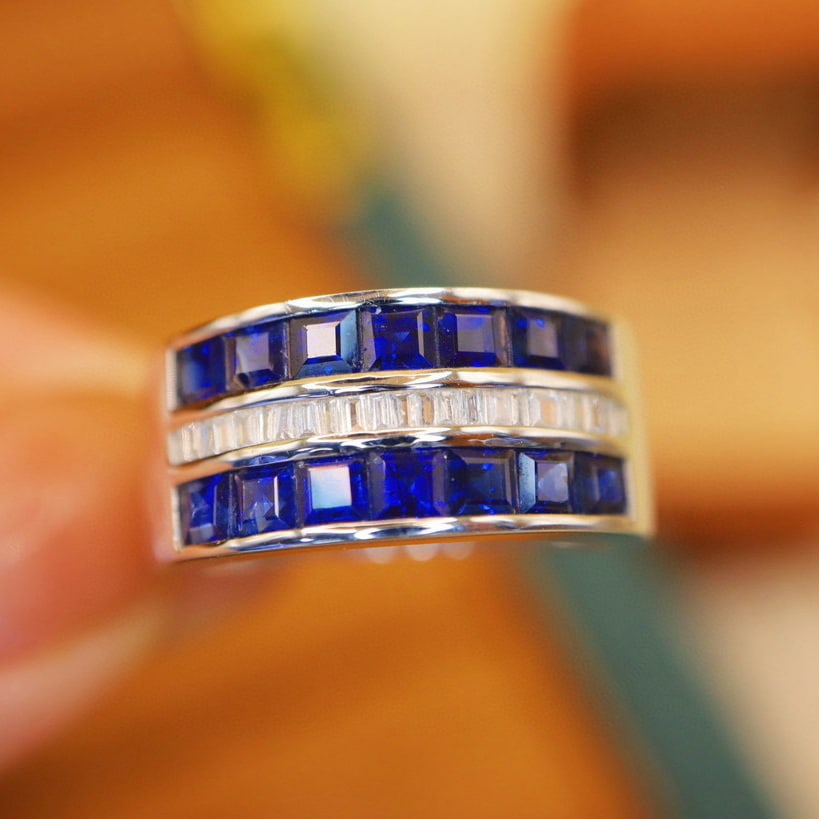 14k Gold 2.24 Ctw Vivid Blue Natural Sapphire & Diamond Ring: Ref:230940075 // gold content:14k gold // ring size:7. 25us // // main gemstone:sapphire // shape:square // carat weight:2. 1ct // color:vivid blue // treatment:natural // // adjacent gemstone 2 :