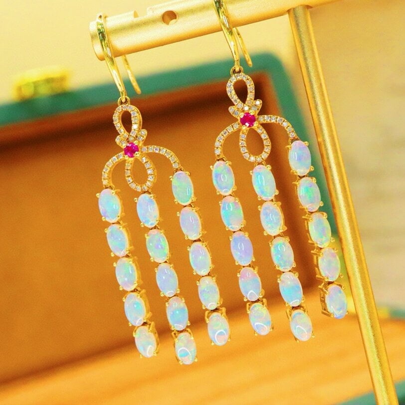14k Gold 4.40 Ctw Natural Opal & Diamond Earrings - 5