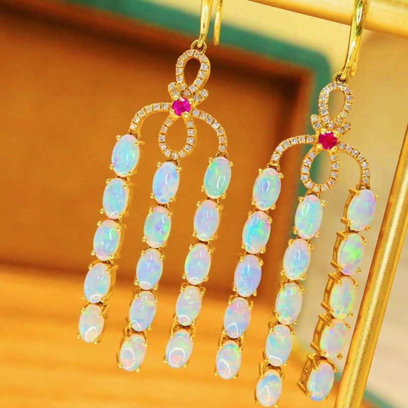 14k Gold 4.40 Ctw Natural Opal & Diamond Earrings - 6