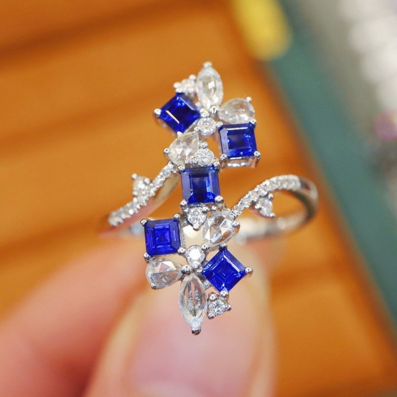 14k Gold 1.20 Ctw Vivid Blue Natural Sapphire & Diamond Ring: Ref:230940079 // gold content:14k gold // ring size:7. 25us // // main gemstone:sapphire // shape:square // carat weight:0. 82ct // color:vivid blue // treatment:natural // // adjacent gemstone 2