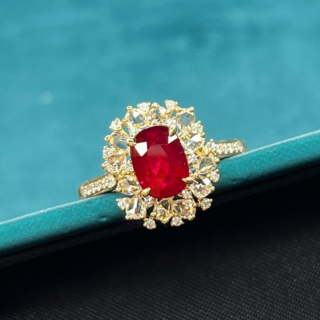 14k Gold 1.87 Ctw Natural Ruby & Diamond Ring: Ref:230940084 // gold content:14k gold // ring size:7. 25us // // main gemstone:ruby // shape:oval // carat weight:1. 31ct // color:pigeonblood red // treatment:natural // // adjacent gemstone 2 :
