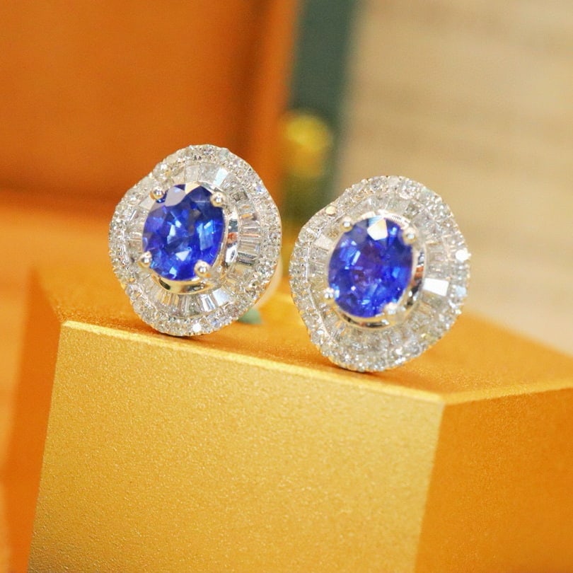 14k Gold 1.66 Ctw Natural Sapphire & Diamond Earrings - 3