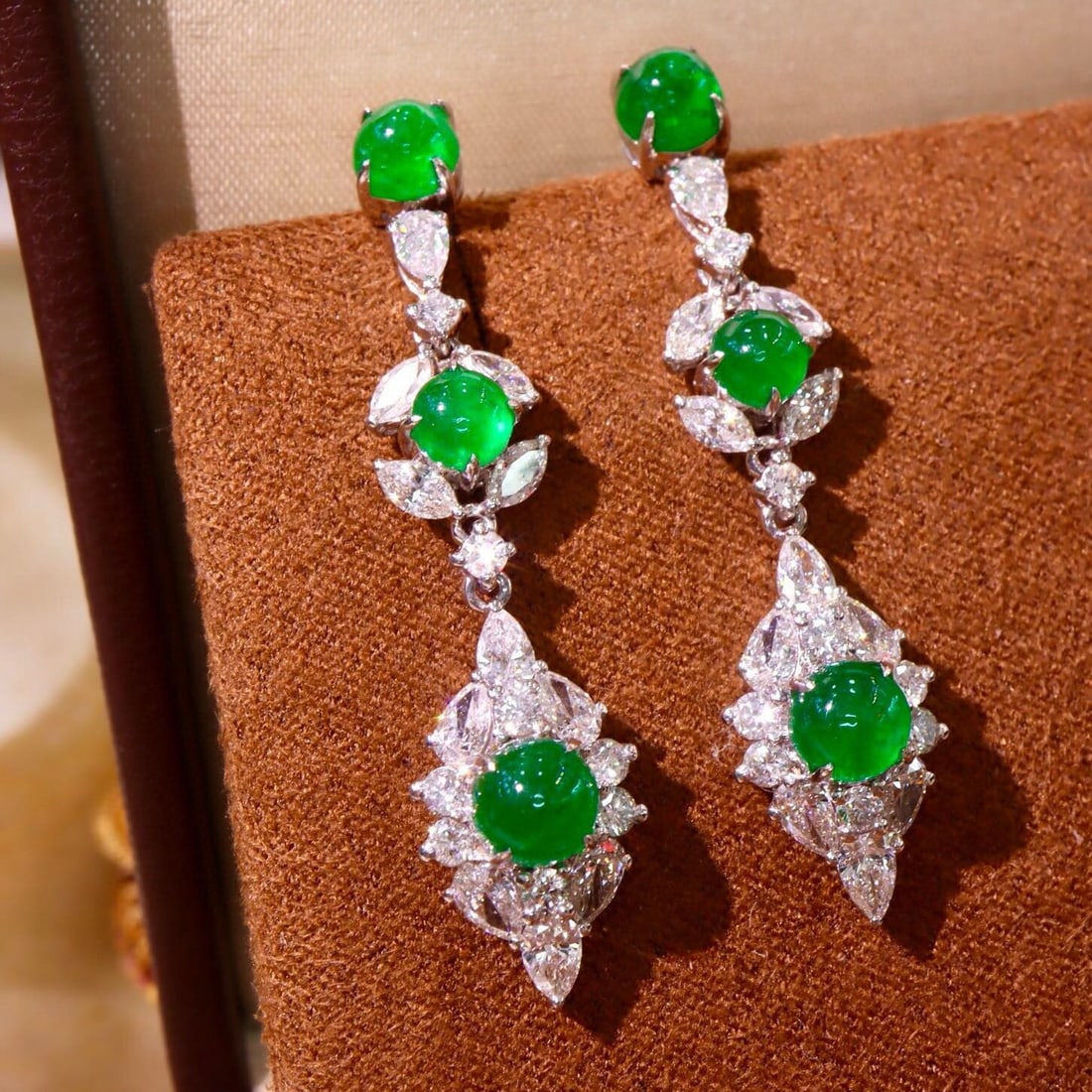 14k Gold 5.87 Ctw Vivid Green Natural Emerald & Diamond Earrings - 2