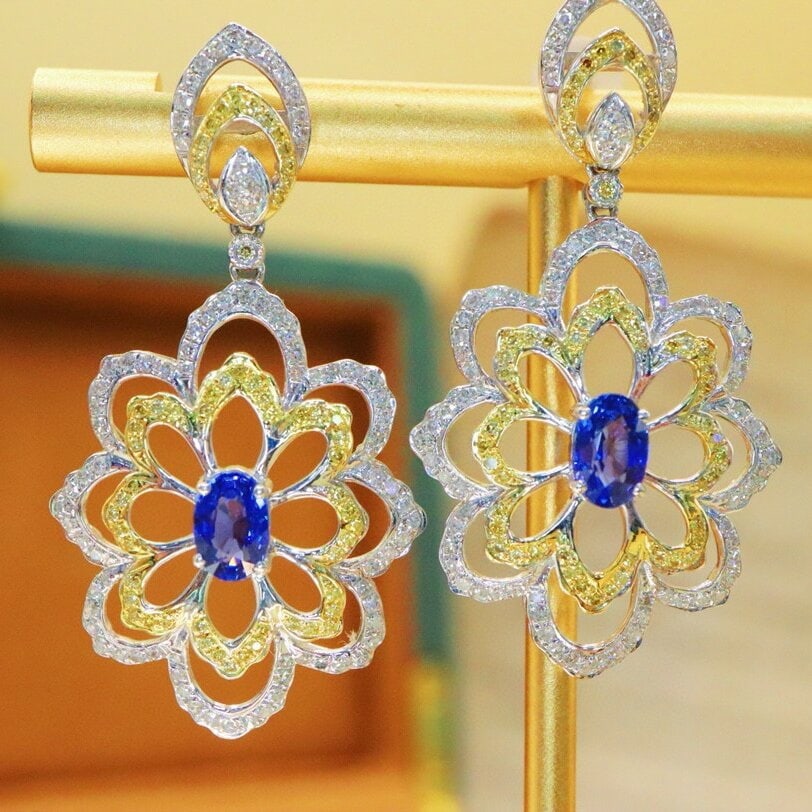 14k Gold 2.60 Ctw Natural Sapphire & Diamond Earrings - 2