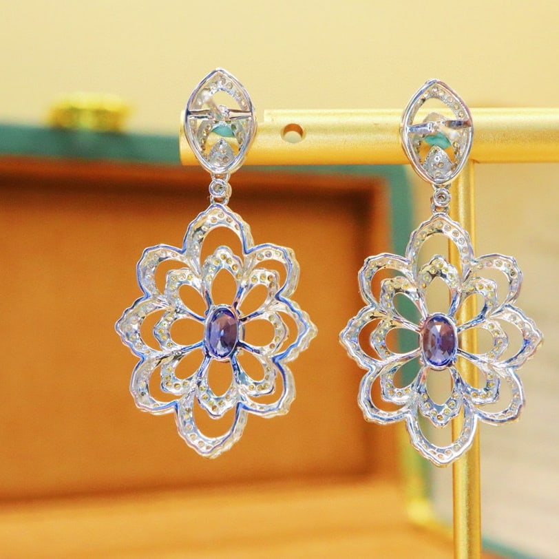 14k Gold 2.60 Ctw Natural Sapphire & Diamond Earrings - 4