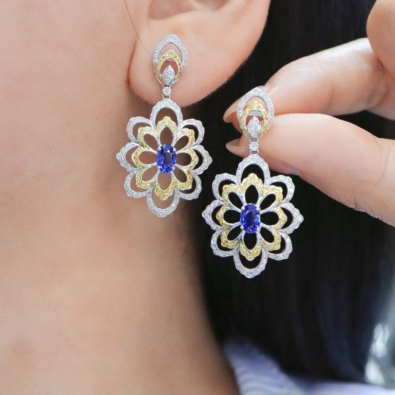 14k Gold 2.60 Ctw Natural Sapphire & Diamond Earrings - 5