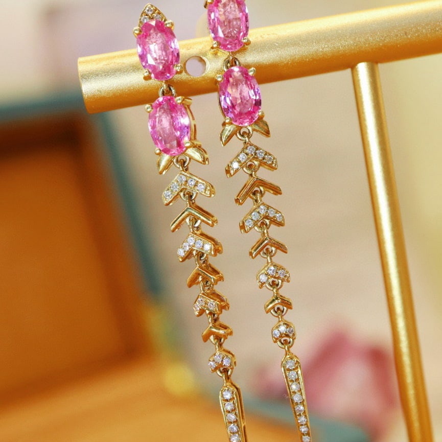 14k Gold 2.26 Ctw Natural Padparadscha Sapphire & Diamond Earrings - 2