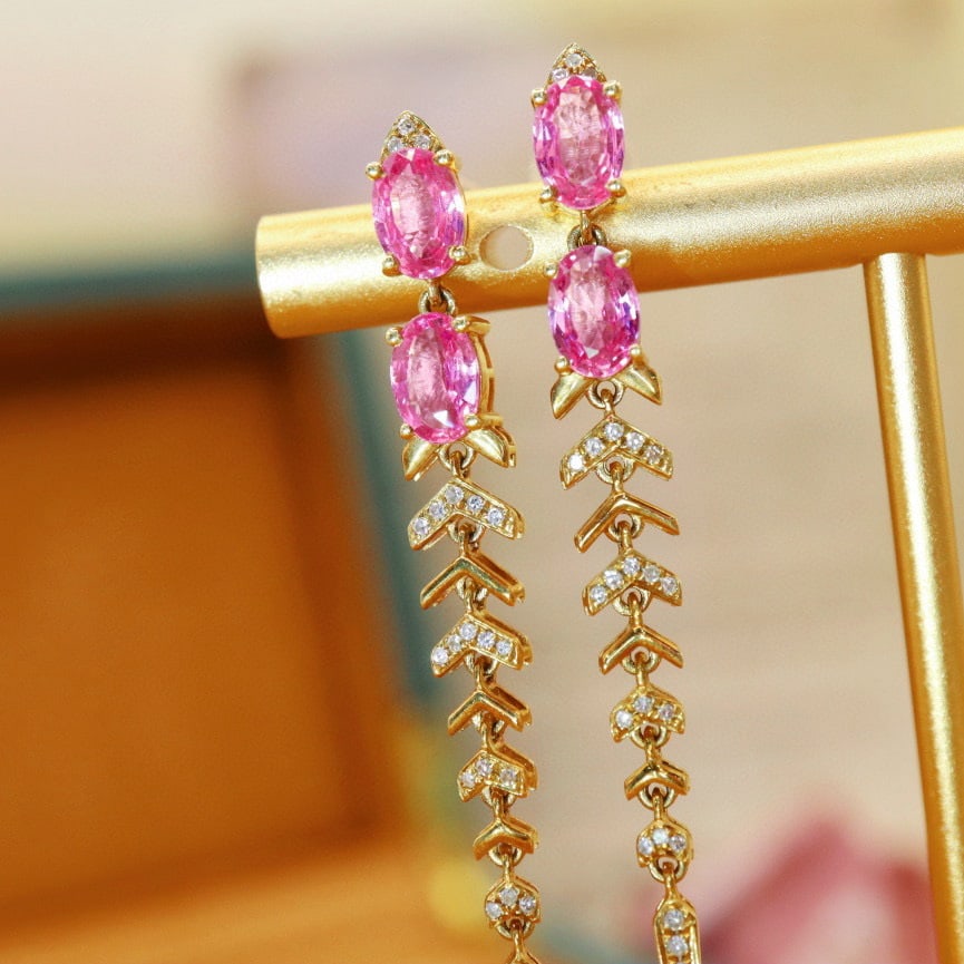 14k Gold 2.26 Ctw Natural Padparadscha Sapphire & Diamond Earrings - 3