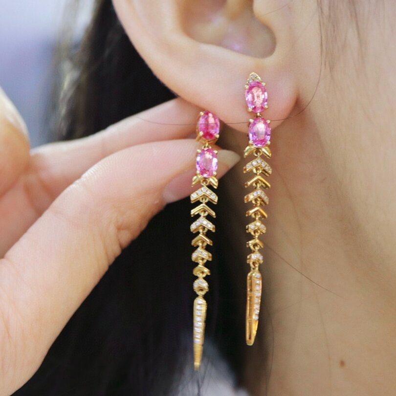 14k Gold 2.26 Ctw Natural Padparadscha Sapphire & Diamond Earrings - 5