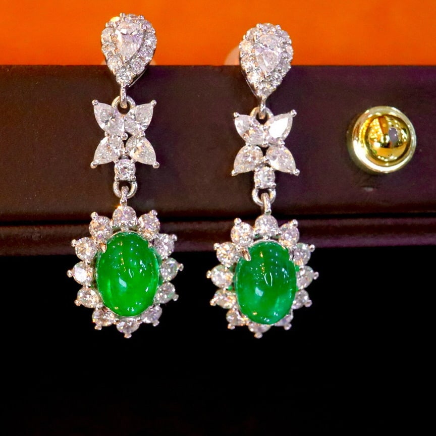 14k Gold 4.40 Ctw Vivid Green Natural Emerald & Diamond Earrings - 4