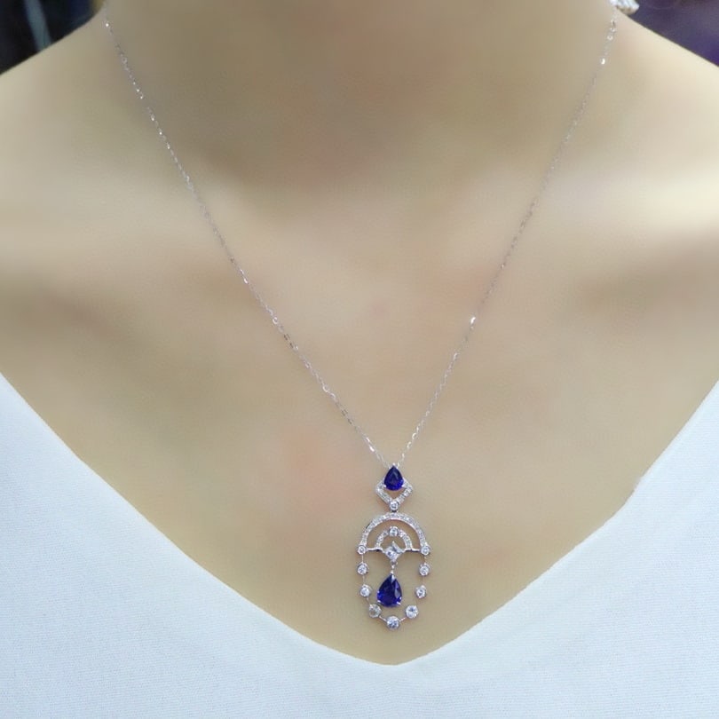 14k Gold 1.53 Ctw Vivid Blue Natural Sapphire & Diamond Pendant( Without Chain ) - 6