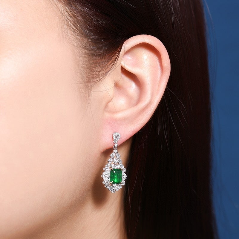 14k Gold 4.46 Ctw Vivid Green Natural Emerald & Diamond Earrings - 8