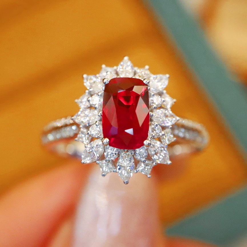 14k Gold 1.60 Ctw Natural Ruby & Diamond Ring: Ref:230940154 // gold content:14k gold // ring size:7. 25us // // main gemstone:ruby // shape:cushion // carat weight:1. 03ct // color:pigeonblood red // treatment:natural // // adjacent gemstone