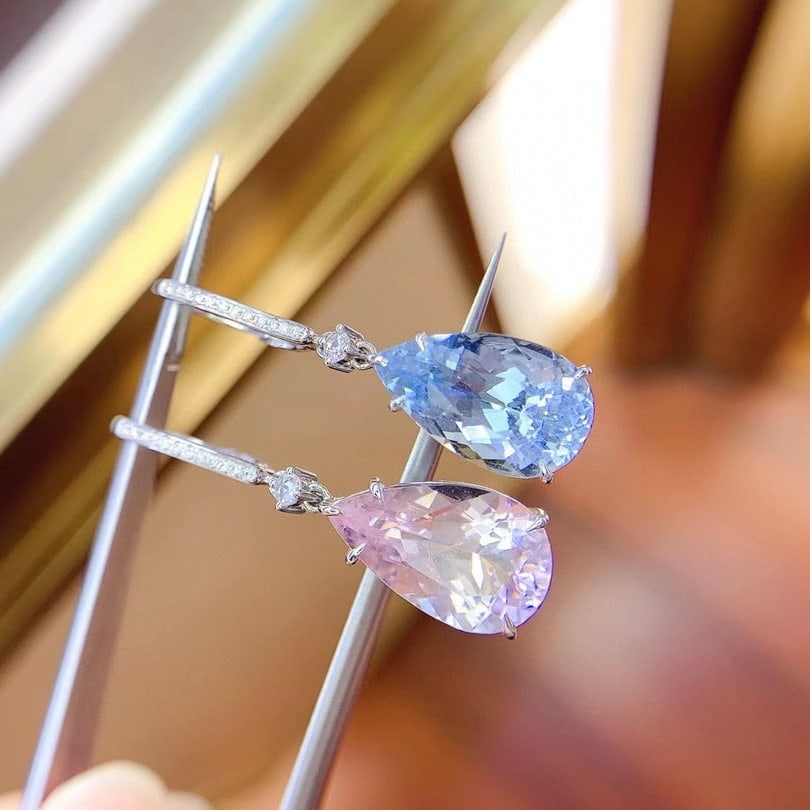 14k Gold 9.89 Ctw Natural Aquamarine & Morganite & Diamond Earrings - 3