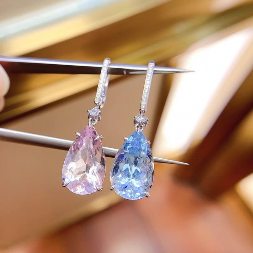 14k Gold 9.89 Ctw Natural Aquamarine & Morganite & Diamond Earrings - 6